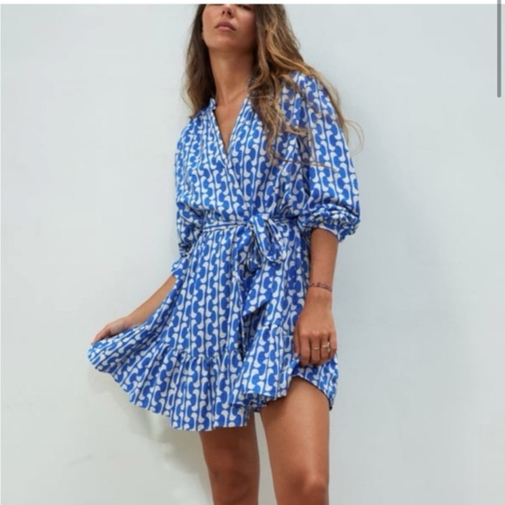 Zara Paula Geometric Long Sleeve Ruffled Mini Swing Dress Boho Chic Soft Girl